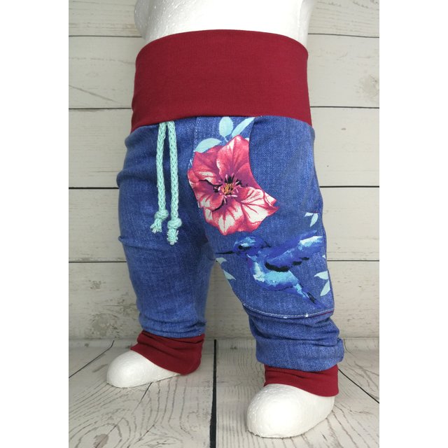 Baby Pumphose mit Tasche Bird & Flower jeanslook dunkelrot 50-62