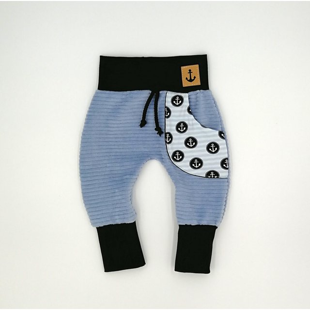 Baby Pumphose mit Tasche Anker hellblau schwarz Cordjersey 92-104