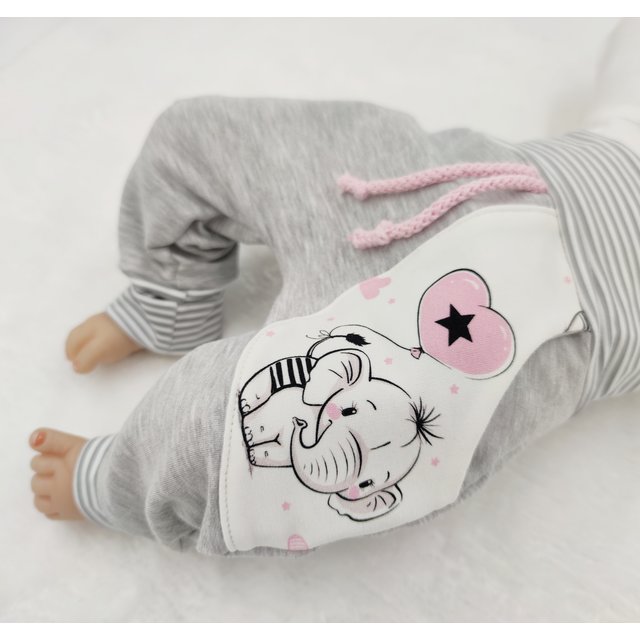 Baby Pumphose mit Tasche Elefant Herz grau rosa