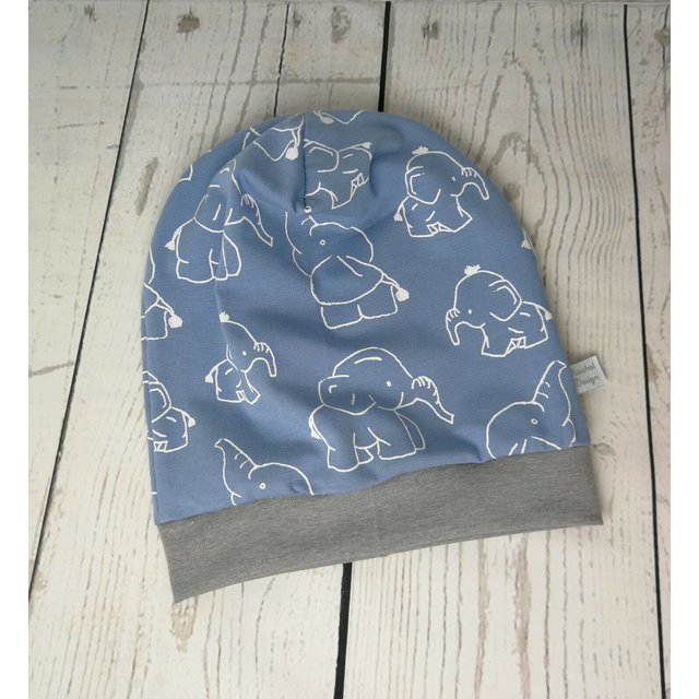 Baby Beanie Mütze Elefanten blau grau