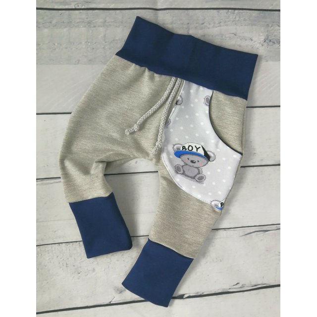 Baby Pumphose mit Tasche Boy Teddy Grau Blau  80-92