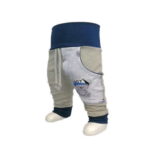 Baby Pumphose mit Tasche Boy Teddy Grau Blau  92-104